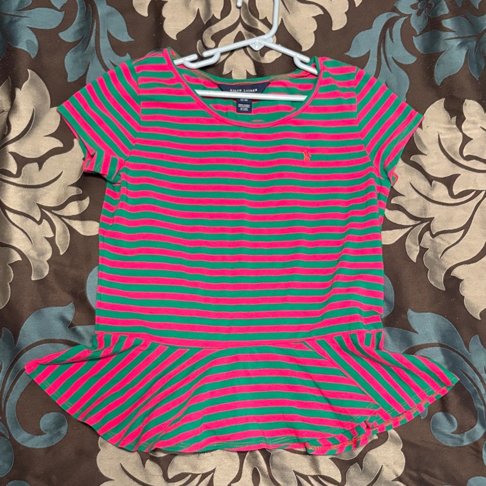 Ralph Lauren Girls' Green & Pink Striped Peplum Tee